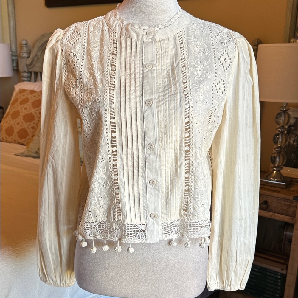 INDUSTRY Chic Vintage Inspired Embroidered Blouse with Puff Sleeves